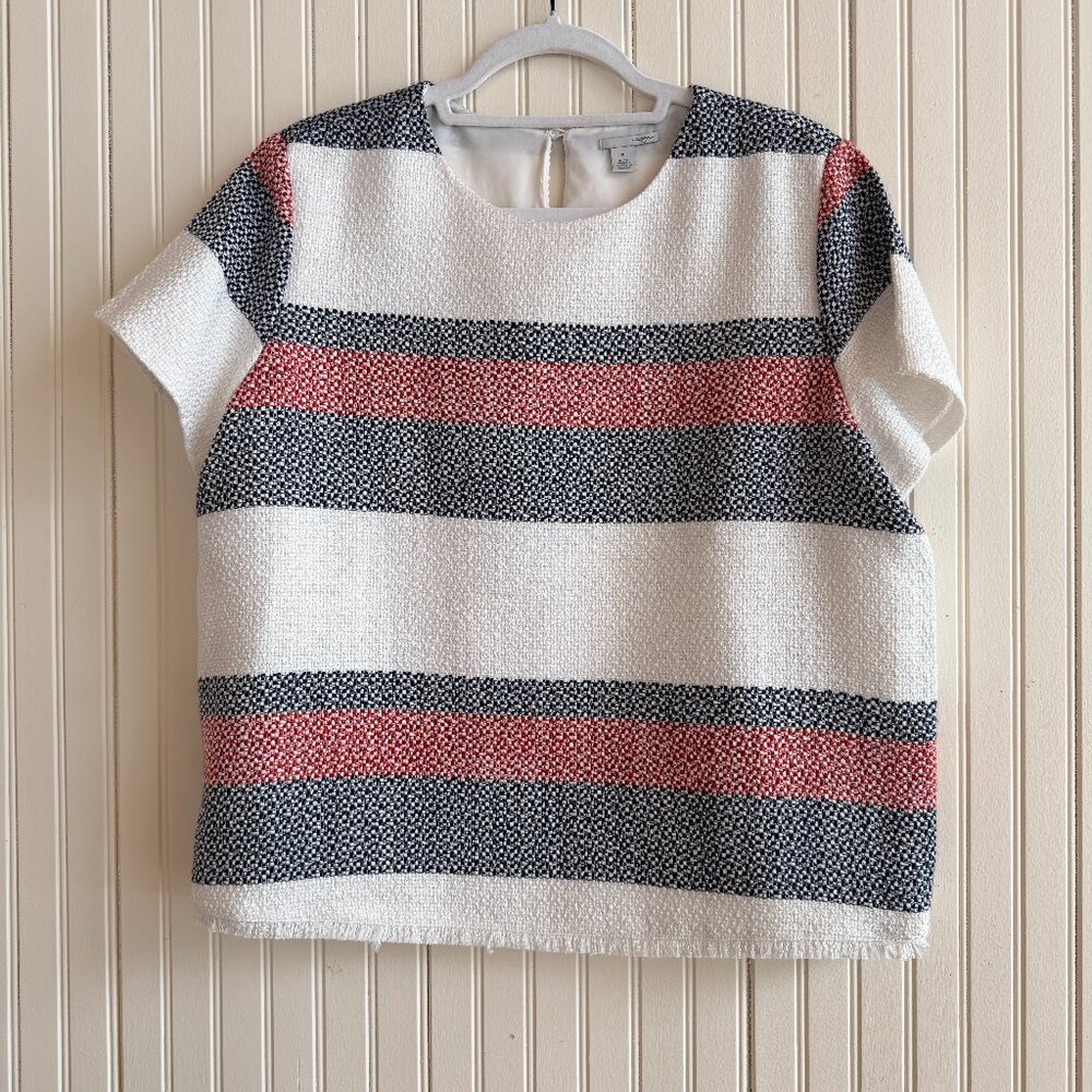 Halogen White Textured Short-Sleeve Top with Navy and Coral Stripes
